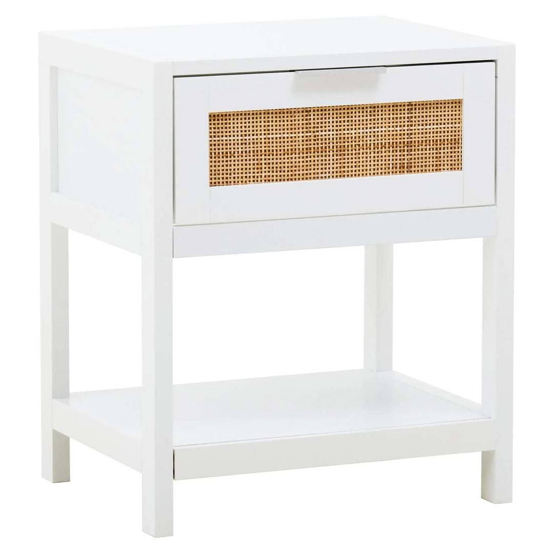 Sherwood White Wood and Rattan One Drawer Side Table Studio 55