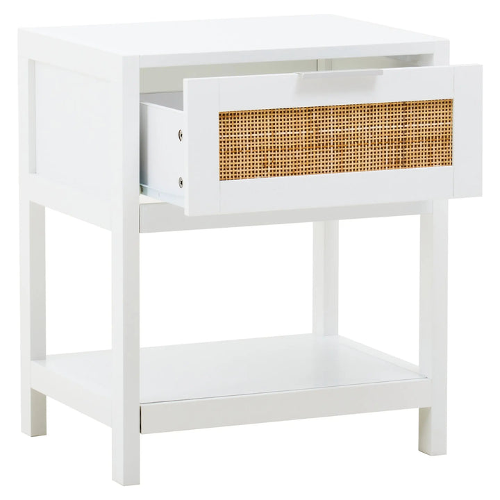 Sherwood White Wood and Rattan One Drawer Side Table Studio 55