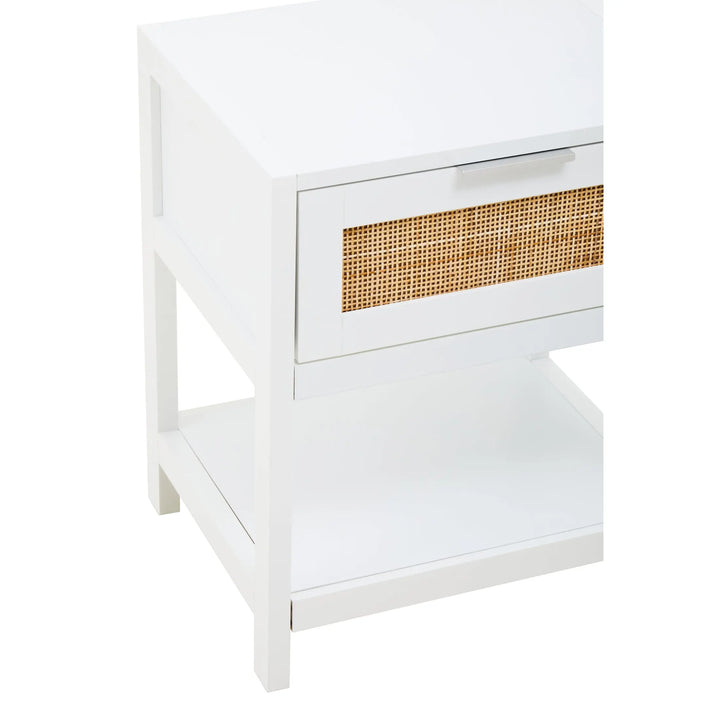 Sherwood White Wood and Rattan One Drawer Side Table Studio 55