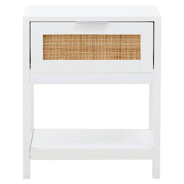 Sherwood White Wood and Rattan One Drawer Side Table Studio 55