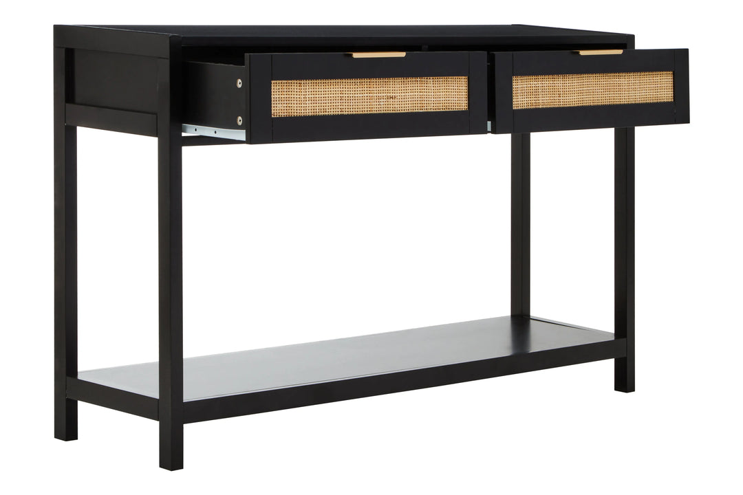 Sherwood Black Wood and Rattan Two Drawer Console Table Studio 55