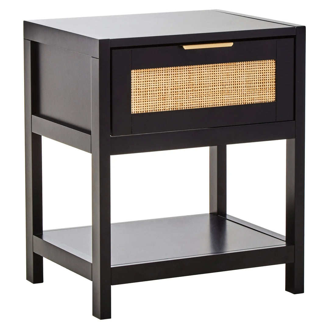 Sherwood Black Wood and Natural Rattan One Drawer Bedside Table Studio 55
