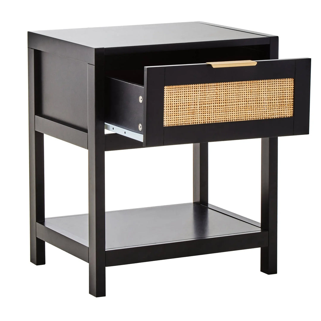 Sherwood Black Wood and Natural Rattan One Drawer Bedside Table Studio 55