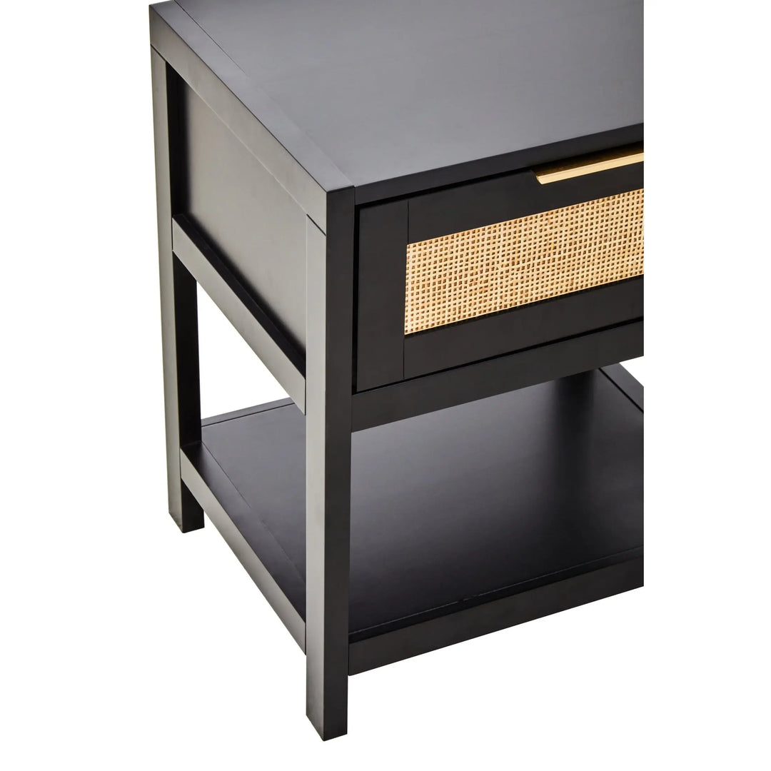 Sherwood Black Wood and Natural Rattan One Drawer Bedside Table Studio 55