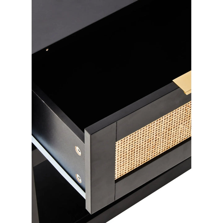Sherwood Black Wood and Natural Rattan One Drawer Bedside Table Studio 55