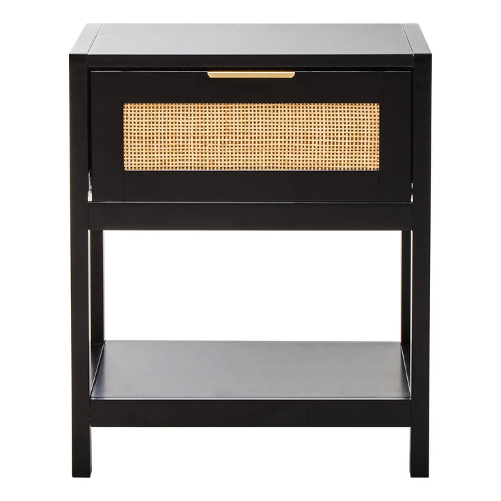 Sherwood Black Wood and Natural Rattan One Drawer Bedside Table Studio 55