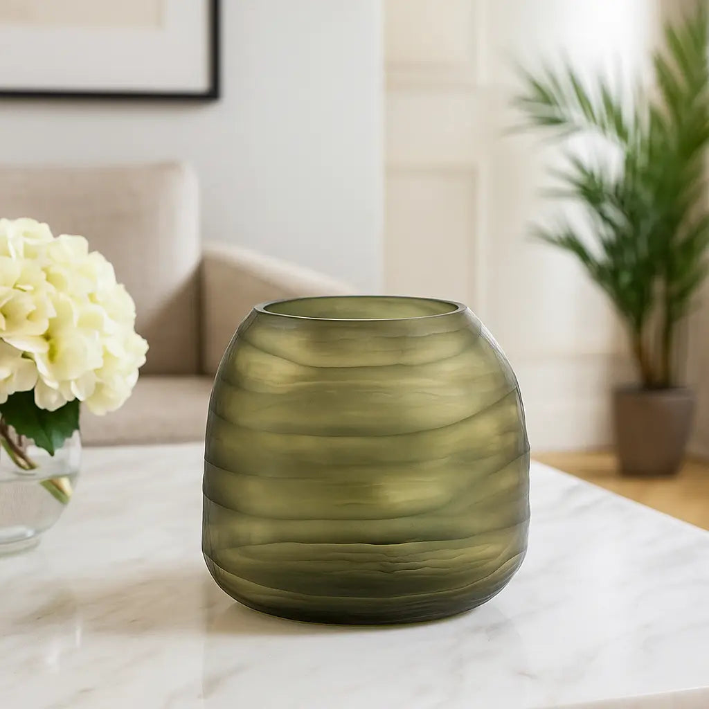Serra Handblown Carved Glass Vase in Olive Gallery
