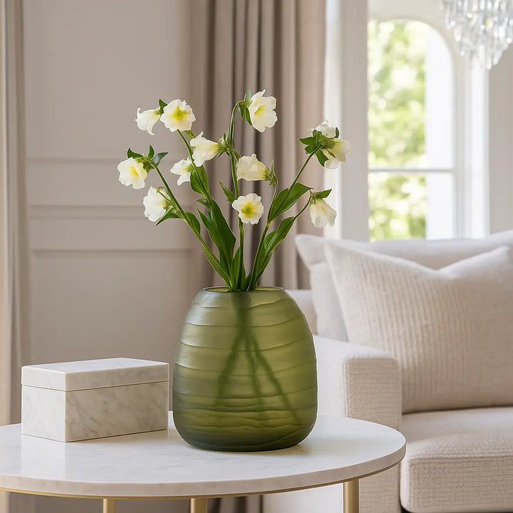 Serra Handblown Carved Glass Vase in Olive Gallery