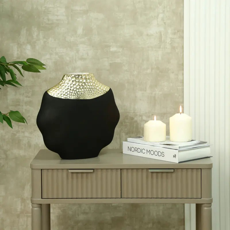 Black and Textured Light Gold Metal Vase Lina Home