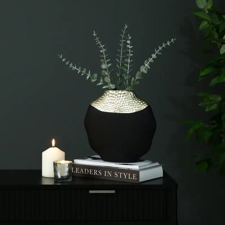 Black and Textured Light Gold Metal Vase Lina Home