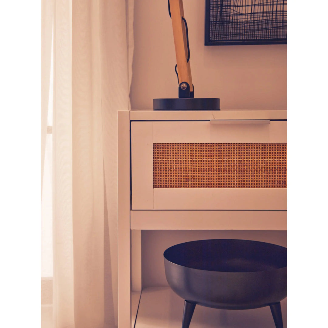 Sherwood White Wood and Rattan One Drawer Side Table Studio 55