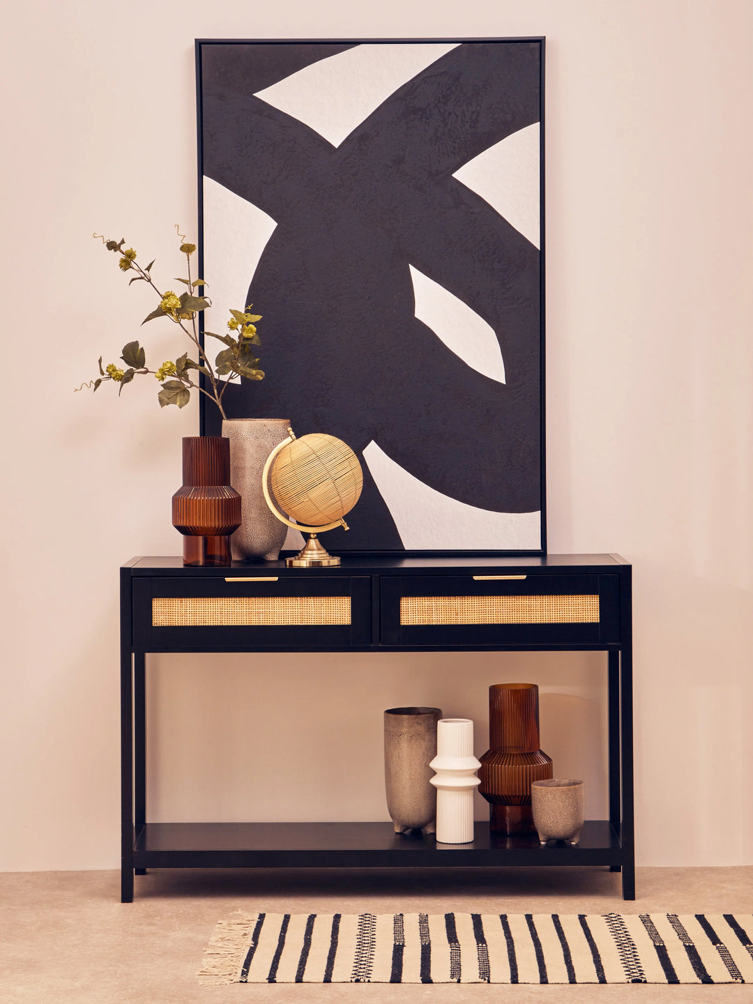 Sherwood Black Wood and Rattan Two Drawer Console Table Studio 55