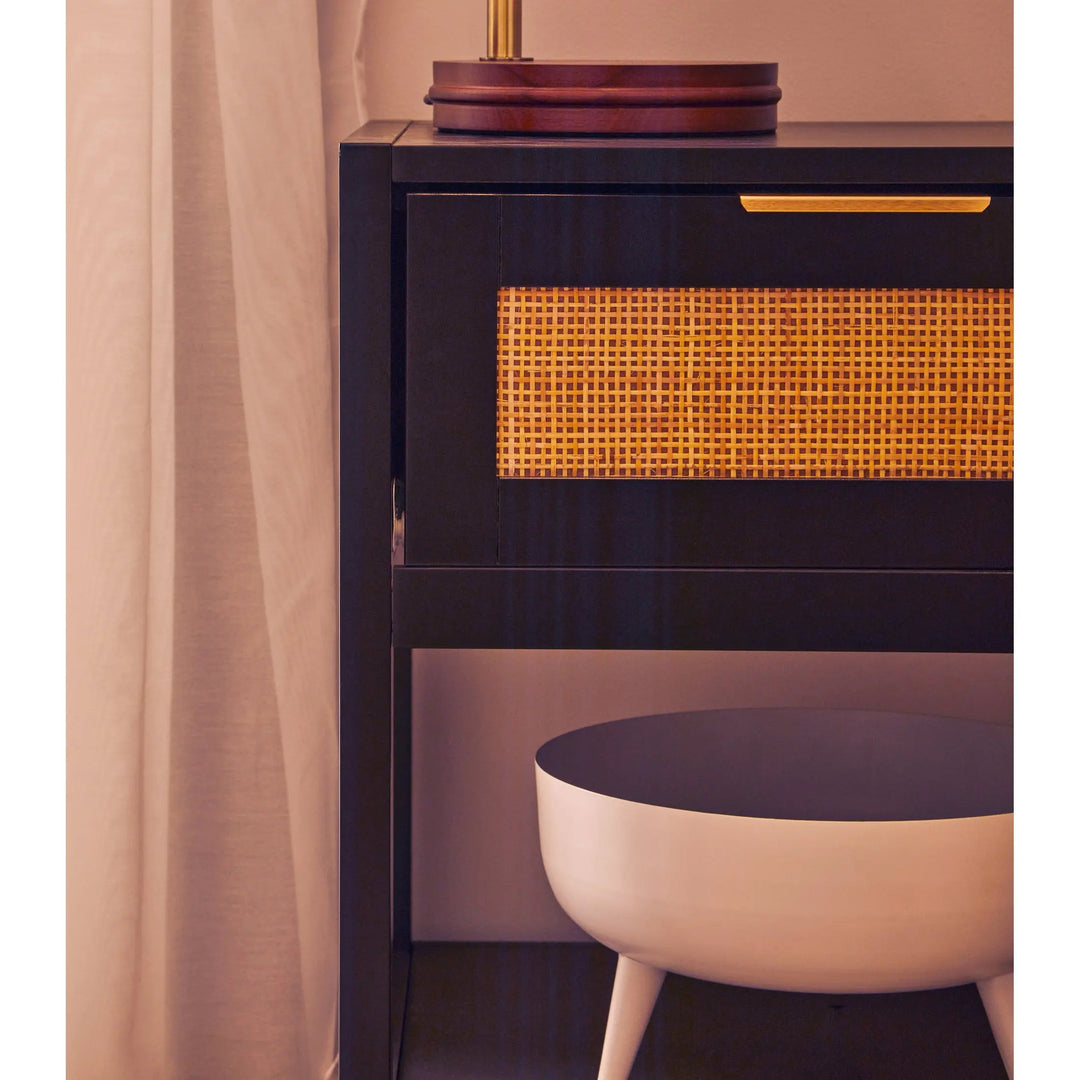 Sherwood Black Wood and Natural Rattan One Drawer Bedside Table Studio 55