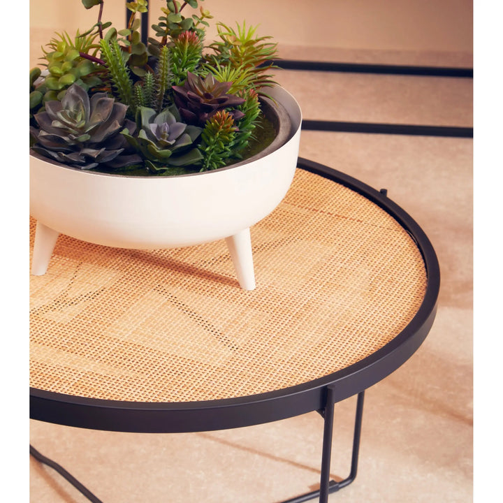 Derok Rattan Round Coffee Table With Cross Metal Legs Studio 55