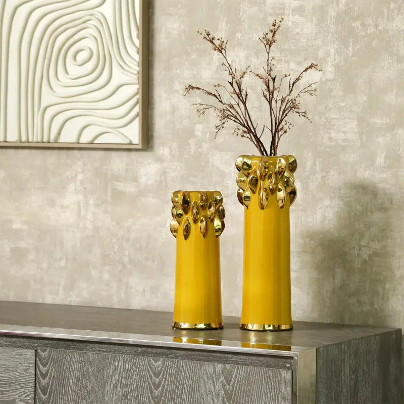 Yellow Ceramic Vase with Chunky Gold Design Lina Home