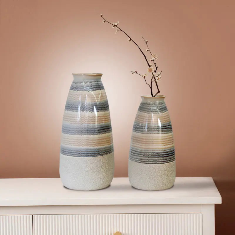 Beige Ceramic Vase with Multicolour Stripes Lina Home