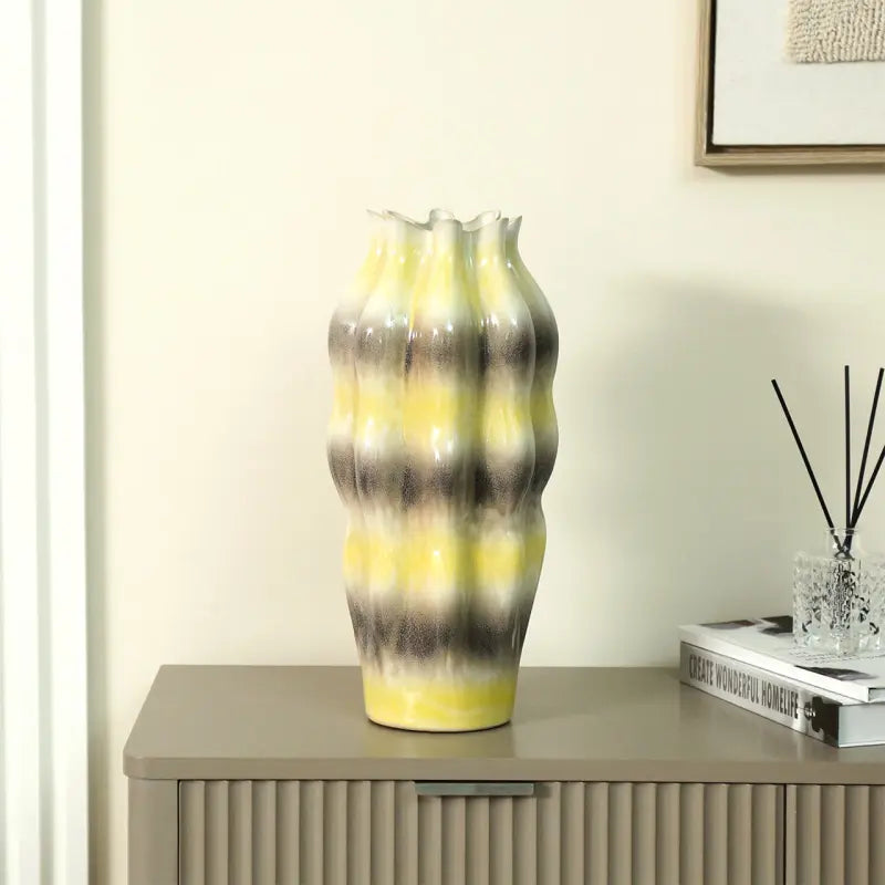 Beige Ceramic Vase with Multicolour Stripes Lina Home