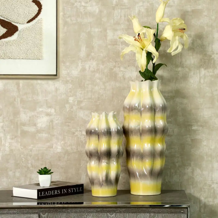 Beige Ceramic Vase with Multicolour Stripes Lina Home