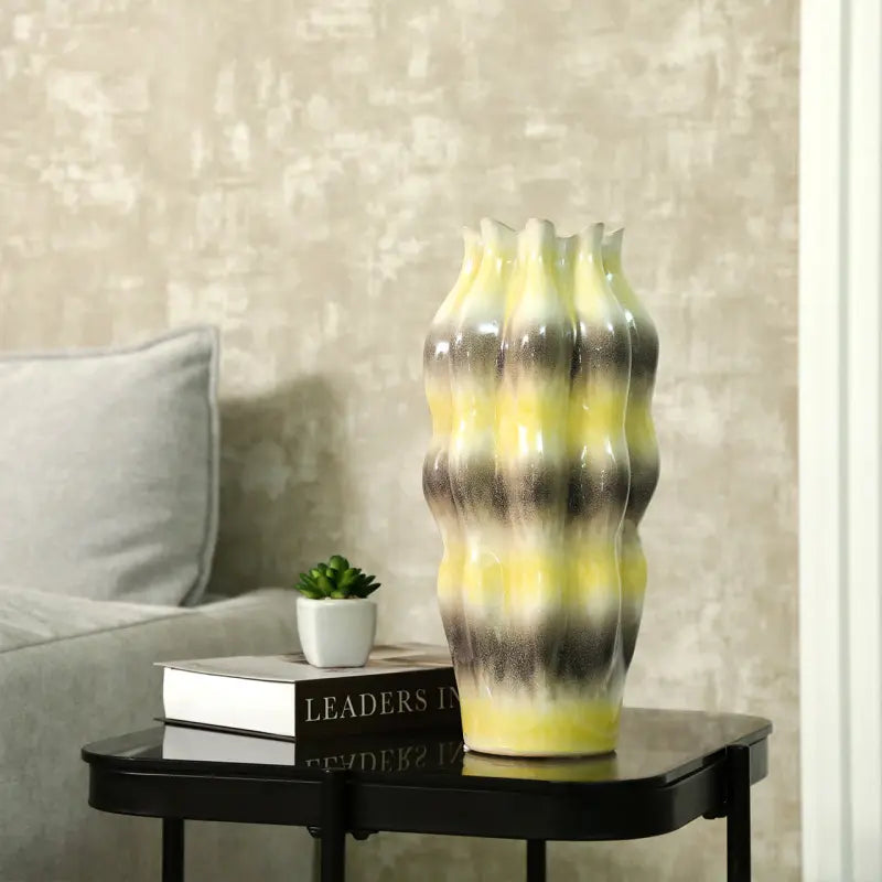 Beige Ceramic Vase with Multicolour Stripes Lina Home