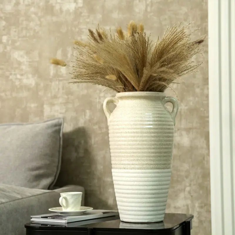 Beige and White Ribbed Ceramic Vase Lina Home
