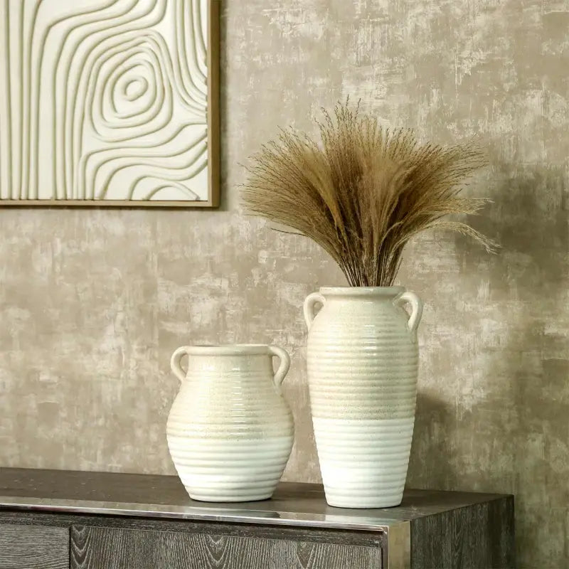 Beige and White Ribbed Ceramic Vase Lina Home