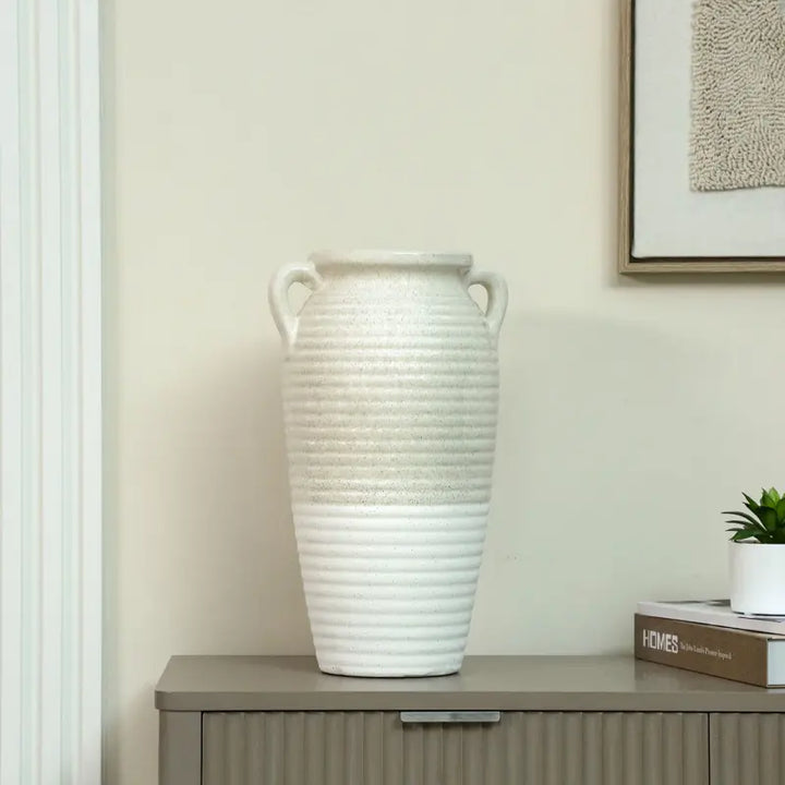 Beige and White Ribbed Ceramic Vase Lina Home