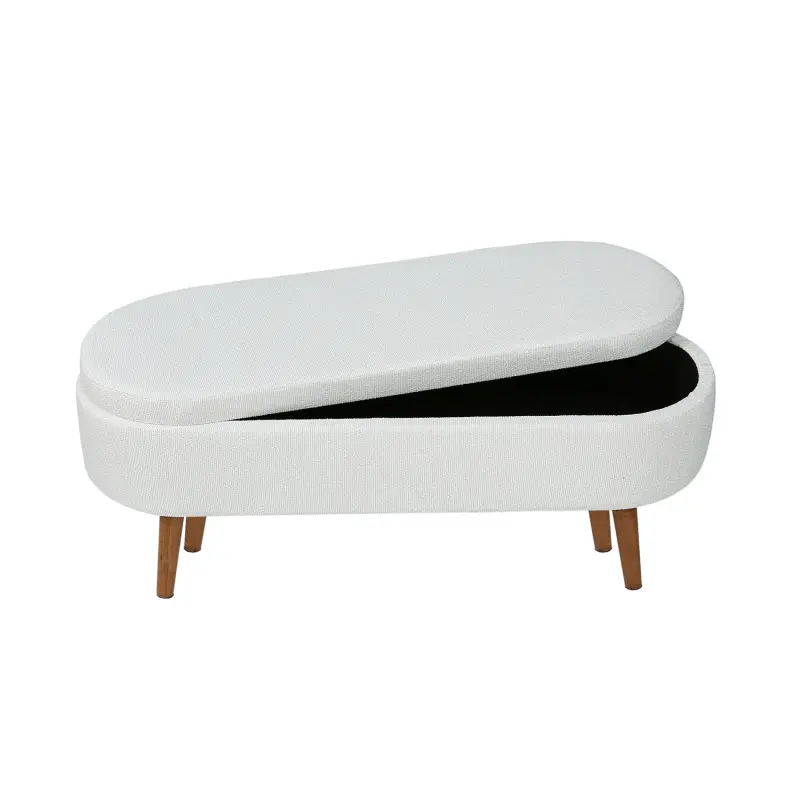 45.5cm White Boucle Storage Bench in Wooden Legs Lina Home
