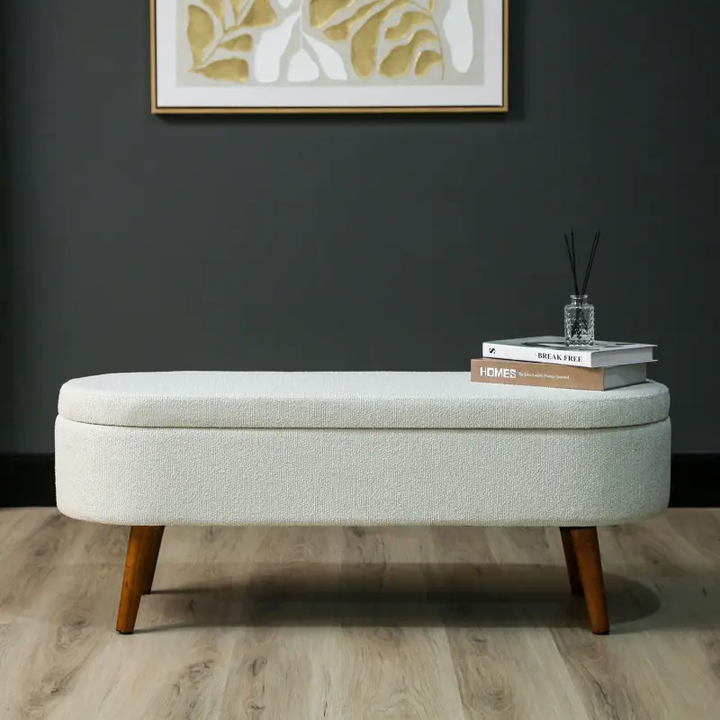 45.5cm White Boucle Storage Bench in Wooden Legs Lina Home