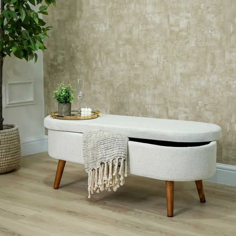 45.5cm White Boucle Storage Bench in Wooden Legs Lina Home