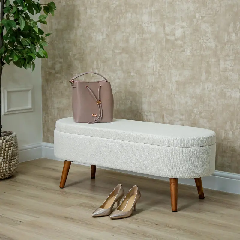 45.5cm White Boucle Storage Bench in Wooden Legs Lina Home