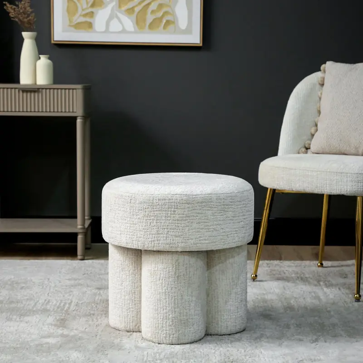 47.5cm Ivory Chenille Round Stool Lina Home
