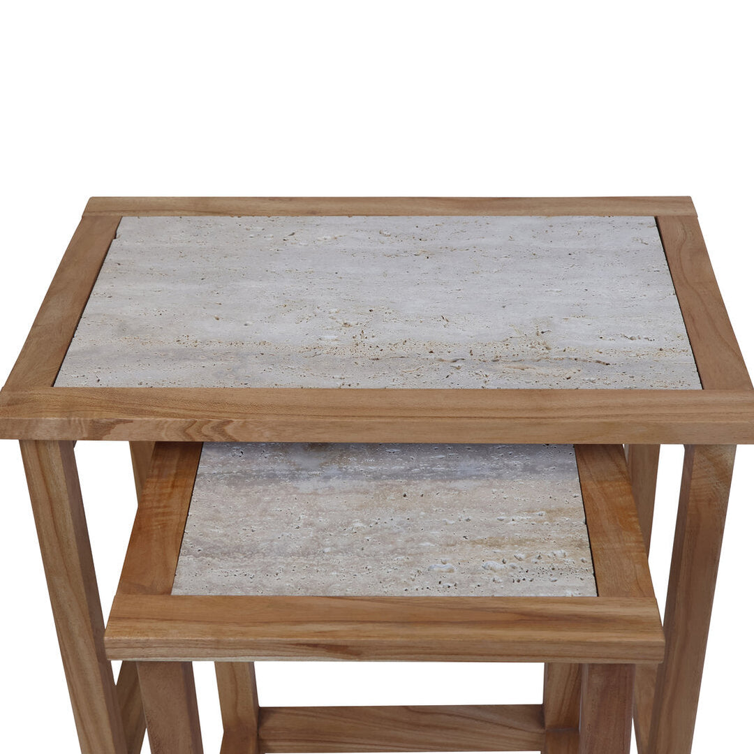 Willow Large Set Of 2 Wooden Side Tables with Travertine Tops Studio 55