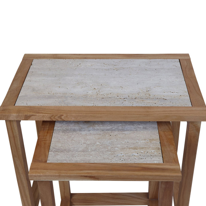 Willow Large Set Of 2 Wooden Side Tables with Travertine Tops Studio 55