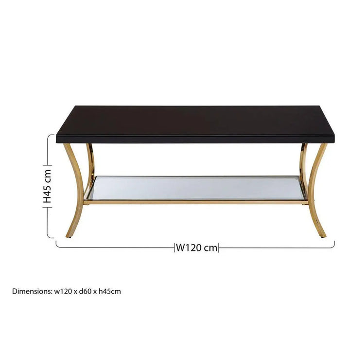 Kensford Townhouse Black Coffee Table with Gold Legs & Mirrored Shelf Studio 55