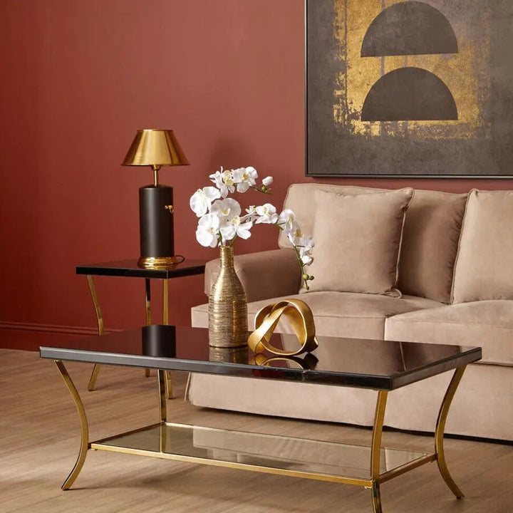 Kensford Townhouse Black Coffee Table with Gold Legs & Mirrored Shelf Studio 55