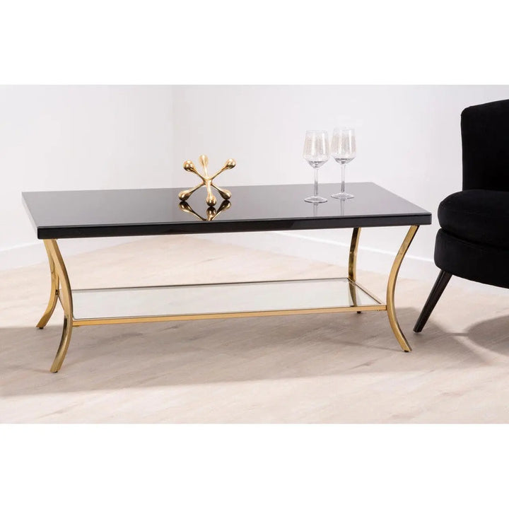 Kensford Townhouse Black Coffee Table with Gold Legs & Mirrored Shelf Studio 55