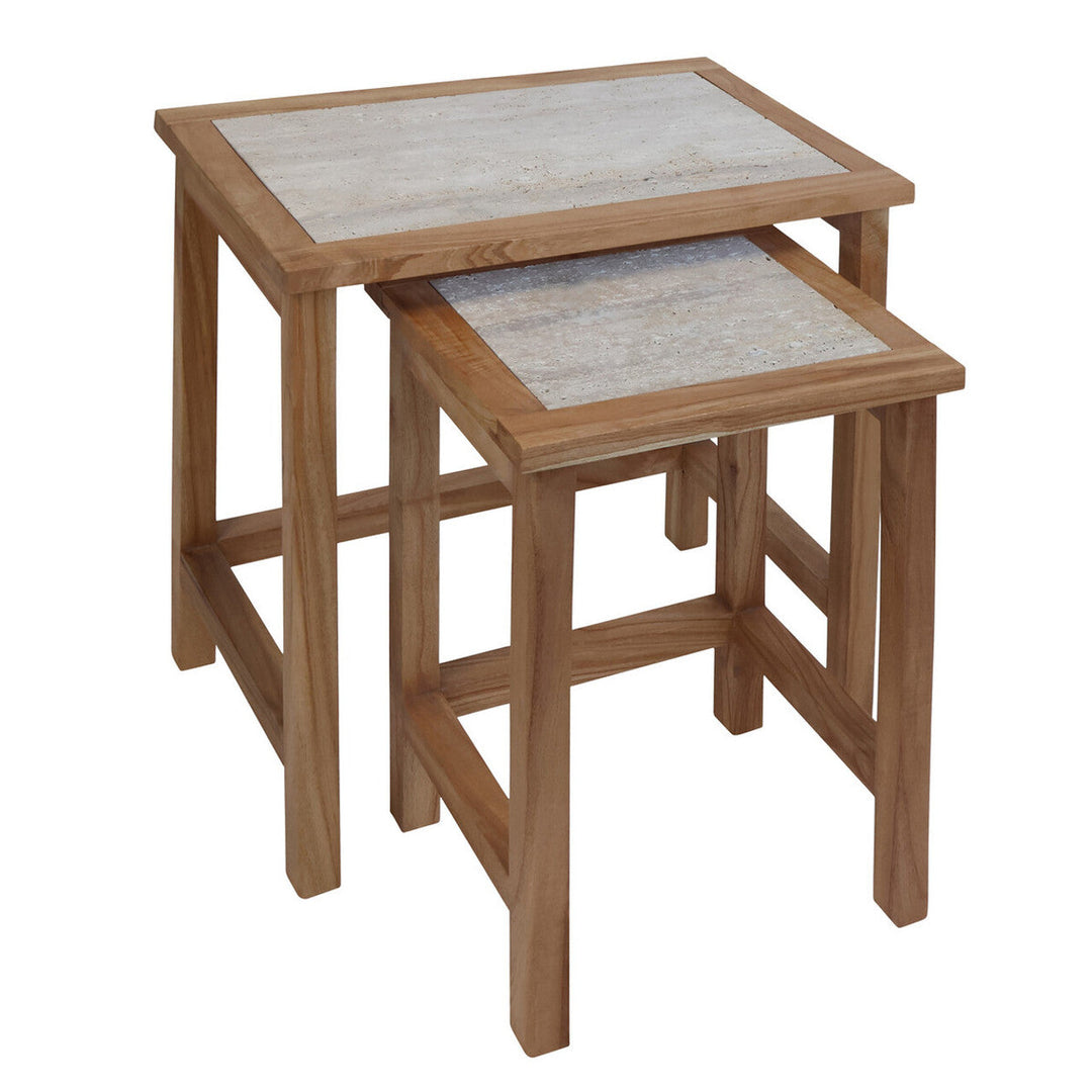 Willow Large Set Of 2 Wooden Side Tables with Travertine Tops Studio 55