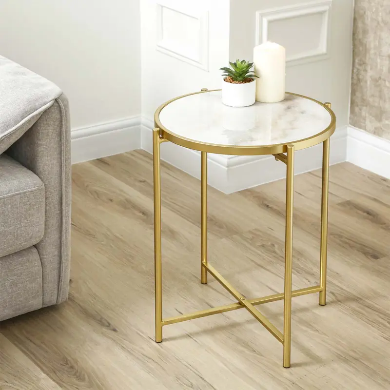 55cm Gold Metal End Table with White Marble Top Lina Home