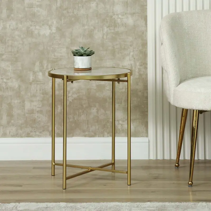 55cm Gold Metal End Table with White Marble Top Lina Home