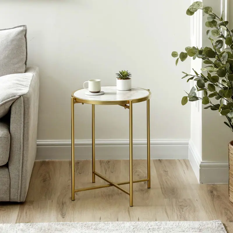 55cm Gold Metal End Table with White Marble Top Lina Home