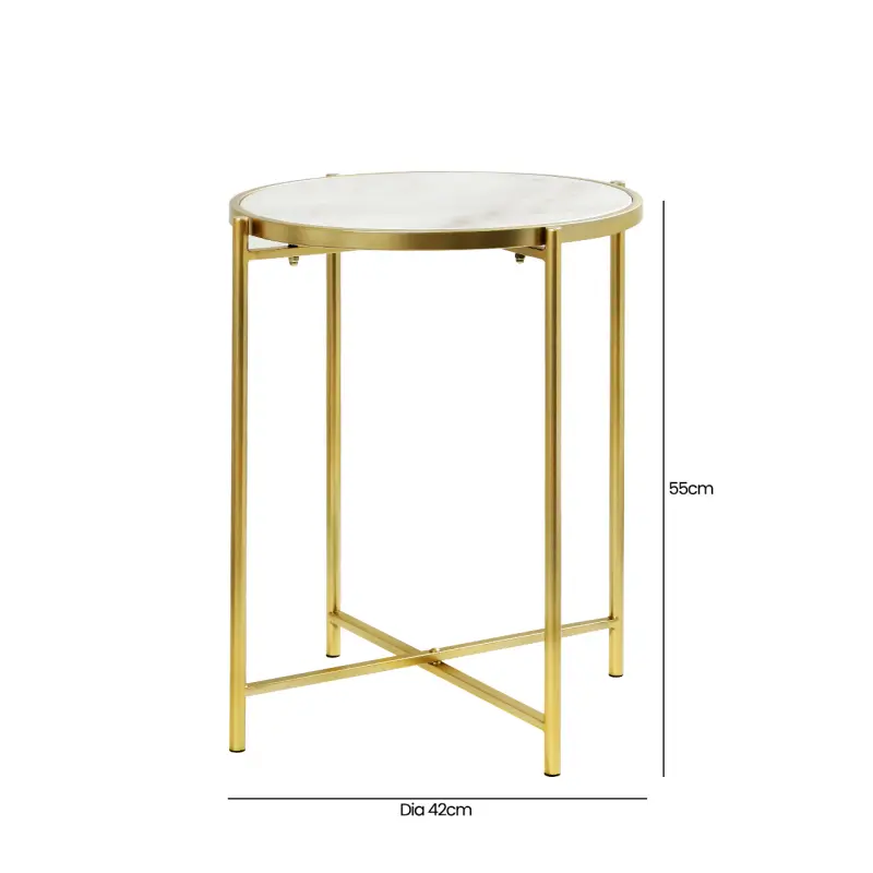 55cm Gold Metal End Table with White Marble Top Lina Home