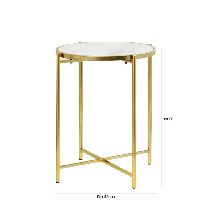 55cm Gold Metal End Table with White Marble Top Lina Home