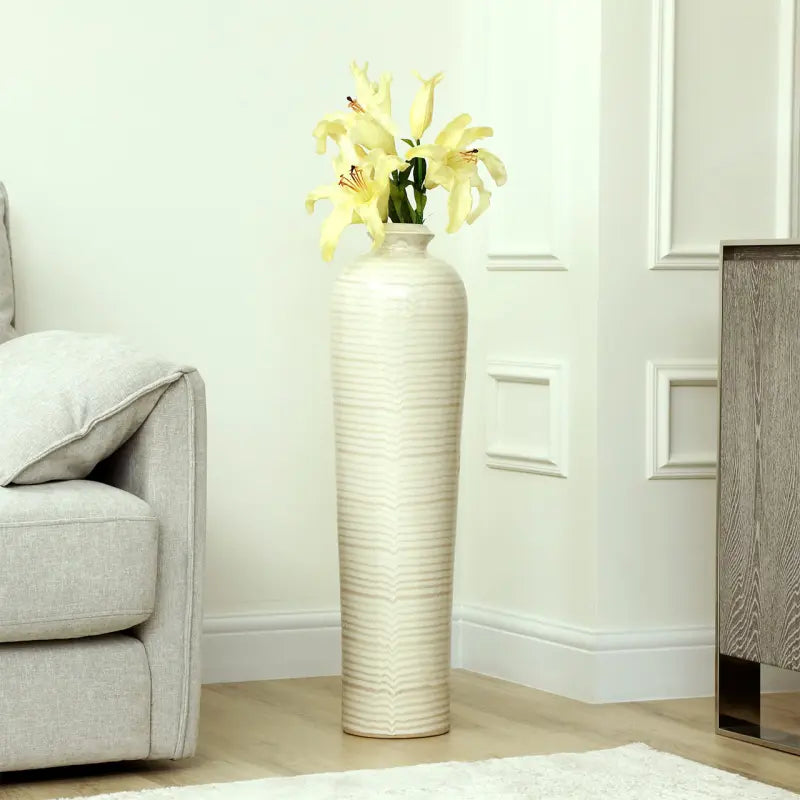 Beige and Brown Striped Ceramic Floor Vase Lina Home