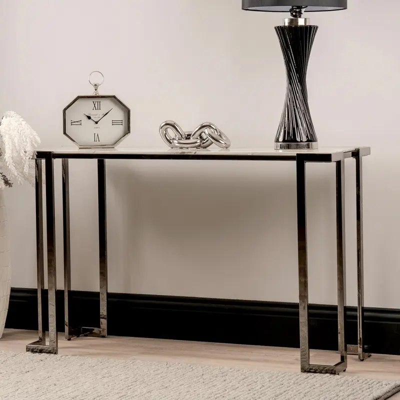 Aamari Grey Gunmetal Console Table with White Faux Marble Glass Top - KD Lina Home