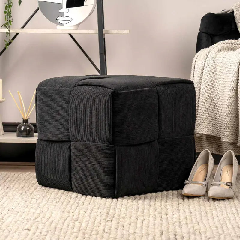 Black Velvet Square Woven Ottoman Lina Home