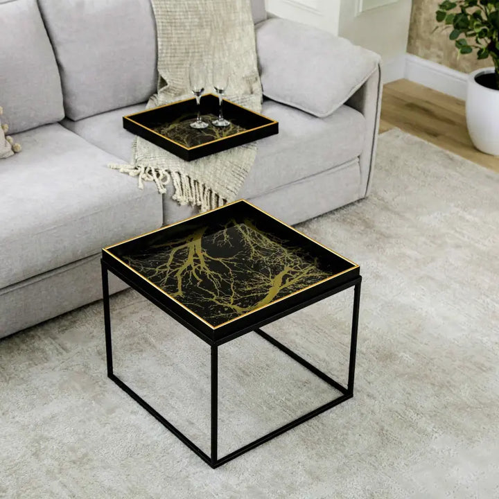 Black & Gold Metal Coffee Table With Tray Lina Home