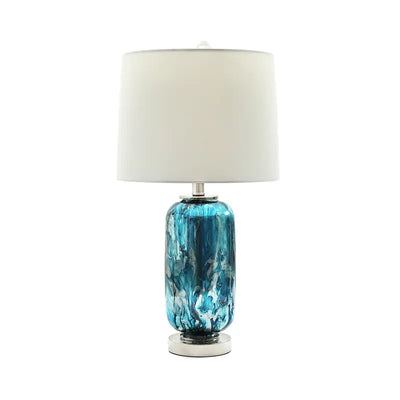 Blue and Silver Glass Table Lamp with White Linen Shade Lina Home