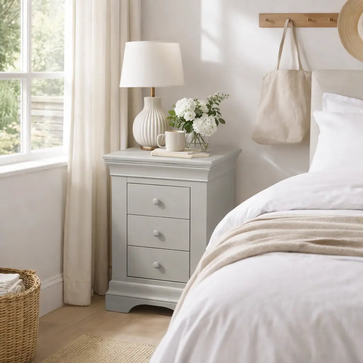 Bordova 3 Drawer Bedside in Pebble Grey Seconique Furniture