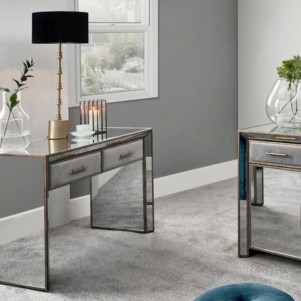 Brindisi Grey Velvet, Antique Metal and Mirror Console Table   Nicholas John Interiors
