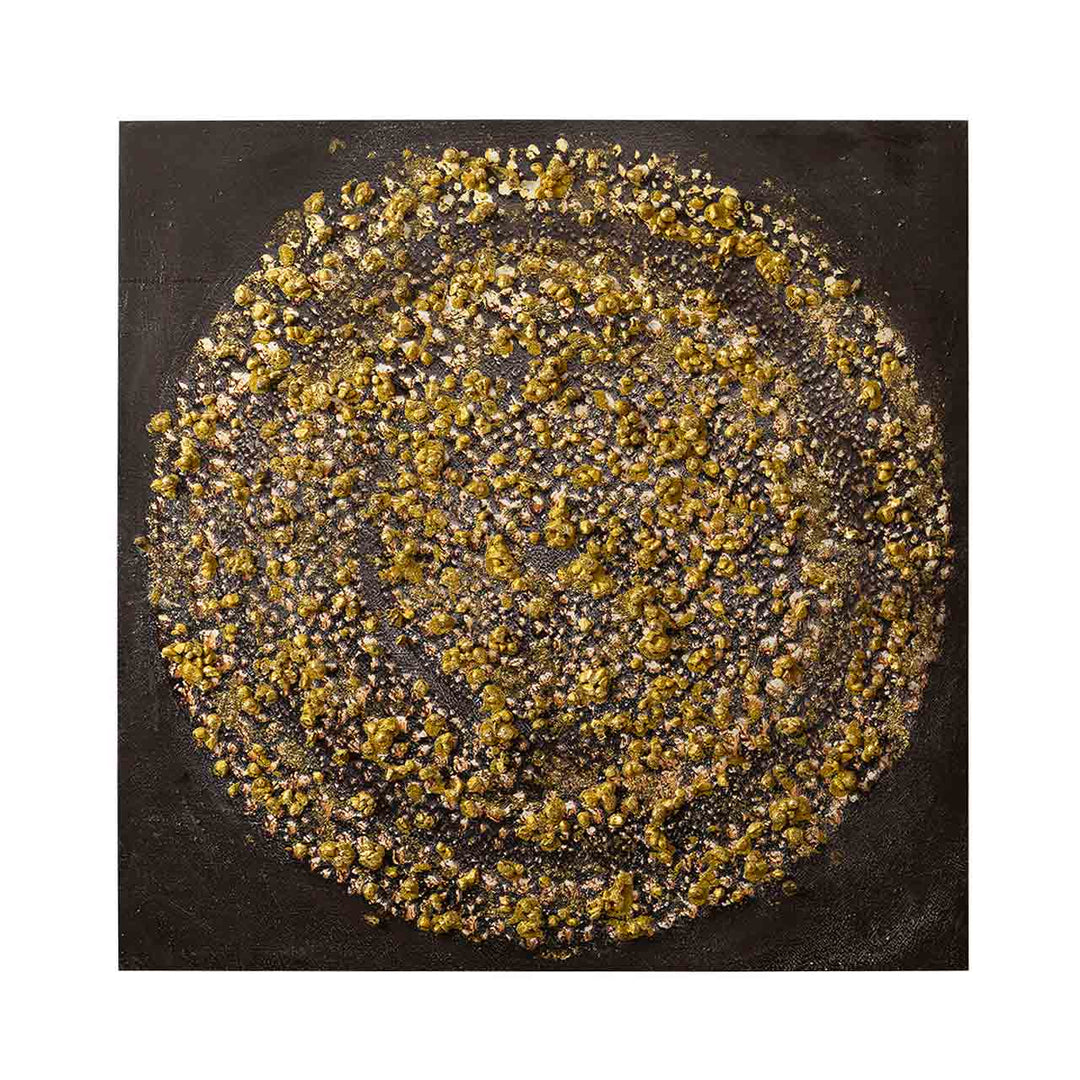 Decorative plate with a circular pattern of gold and black stones on a dark background